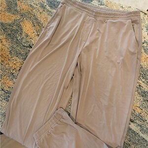Susan Graver Stretch Waist Tan Pull-On joggers with gold zipper